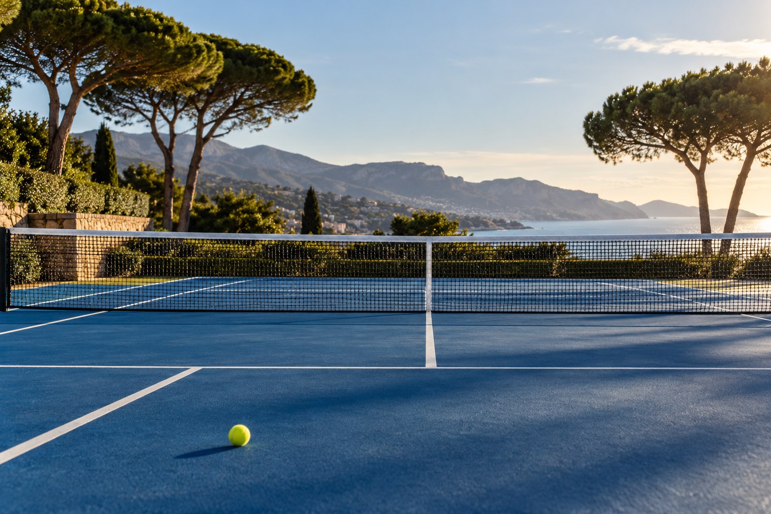Illustration d’un court de tennis dans un paysage méditerranéen