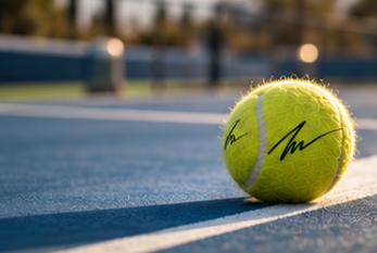 Balle de tennis sur un court bleu